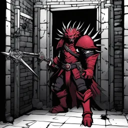 [wii No More Heroes style with thick lines] Now he knew why Tarascus had come so subtly to his door, and later had fled so swiftly. The king had unlocked his door, and, somewhere in these hellish pits, had opened a cell or cage that held some grim monstrosity. Now the thing was emerging from the cell and was again advancing up the corridor, its misshapen head close to the ground