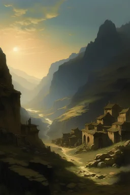 An abandoned village on a mountain shrouded in shadows painted by Francis Danby