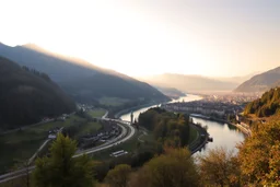 Create hypeCreate hyper-realistic photo of [Swiss] hills ,river, escape . Soft bright daylight, . DSLR quality, sharp focus.r-realistic photo of [Swiss] city scape. . Sunset golden hour . DSLR quality, sharp focus.