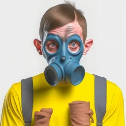 guy in a gas mask taking a mugshot