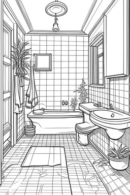 Outline art, house interior design, bathroom with toilet and shawer, no shading, no lines, cartoon style, --ar 9:11