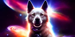 a wise space dog looking out at the cosmos. nebula sky. clarity. High detail. natural tones