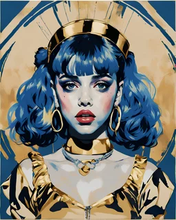 Poster in two gradually, a one side the Singer Danish MØ face, and other side the Singer Melanie Martinez face, symmetry, painting by Yoji Shinkawa, darkblue and gold tones,