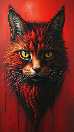 Bosch style painting , A shadow of a spirit inside a bloody red cat haired with beard head with eyes open wide details on red bloody background
