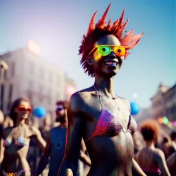 Ultra Realistic photo, medium shot view, drunken dancer bikini woman, carnival scene, monster hair, steampunk. Red hair, confeti, Sunglasses, smile, happy, festival. ovni, alien, gradient color fog. highly detailed, concept art, unreal engine 5, ray tracing, RTX, lumen lighting, ultra detail, volumetric lighting, 3d, finely drawn, high definition, high resolution.