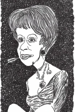 Carol Burnett bobblehead doll in an undersized bikini breaking the space-time continuum silver ink drawing on gold paper