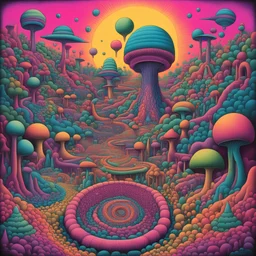 psychedelic wonder, by Basil Wolverton, Fibonacci sequence, bright colors, bizarre structures, absurd, mind-bending surreal ink illustration, impossible landscape, vivid neon pastel colors, lysergic acid diethylamide sights, by Ryan McGinnis