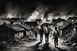 burning village at night, terrified black people running scared from their homes, terror scenes, cinematic