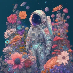 "floral astronaut" hand-drawn digital art, flowers everywhere, colorful garden, beautiful galaxy, REALISTIC, anime, 4k, high resolution, full details, 2560x1600