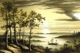 watercolor ,landscape, detailed, colorize, white background, in the style of Martin Johnson Heade