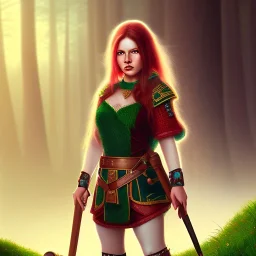 Halfling, woman, full body, red braid hair, adventurer, green eyes, magic, Lilith, smooth