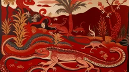 A dark red desert with reptiles designed in Oaxacan alebrijes painted by Katsushika Hokusai