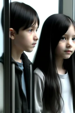 A girl and a boy separated by a glass wall The girl has long black hair Photorealistic