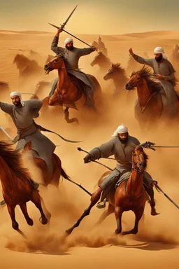 A picture of an Islamic battle with swords and horses, in the desert