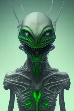 green alien, head, evil, black eyes, silver teeth, weapons, blood, 8k, finely detailed, photo realistic, HR Giger style