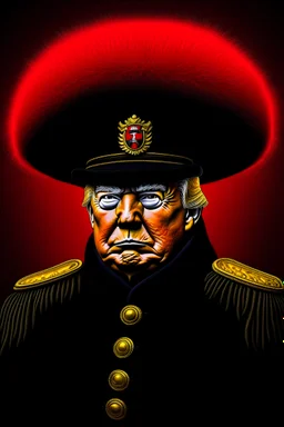 create a very detailed illustration of donald trump dressed as a royal guard wearing a tall black fur bearskin hat and red uniform