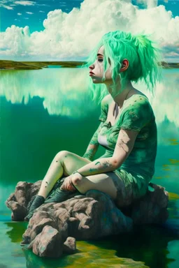 woman sitting on a rock, in a lake, green mottled skin, green hair, blue sky, white clouds