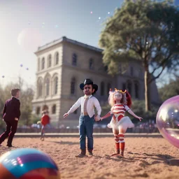 Ultra realistic circus scene. Child’s playing, smile, happy, color bubbles, smooth color, waist up view, Wes Anderson style, a lot of people background, highly detailed, concept art, unreal engine 5, god rays, ray tracing, RTX, lumen lighting, ultra detail, volumetric lighting, 3d, finely drawn, high definition, high resolution.