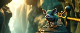 fast and clever little evil moss pig named on wild chase , in dark crystal gem cave ice bridge, motion blur, standing by the guard rails, fantasy 3d realm