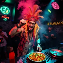 An "Balkan guy" performing at dance club, his name is "FLAPYPUSY" and looks crazy, Balkan food on stage, Neon lights and smog, "DJ DRAAGAN" SIGN ON WALL