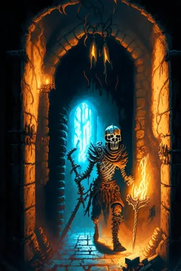 A frightening castle dungeon hallway with a skeleton warrior in rusty chainmail holding a burning torch painterly rpg art