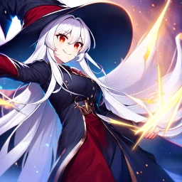 girl, masterpiece, best quality, volumetric lighting, dynamic pose, detailed outfit, perfect eyes, long hair, white hair, red eyes, witch outfit, smile, angry,