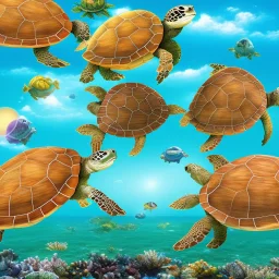 happy turtles, ocean, beach with trees, bright sun