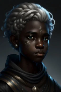 A young male Air genasi with black skin ahs some hair