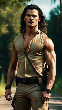 Orlando Bloom x Jason Mamoa as a handsome muscular sheriff wearing a khaki shirt, standing by the roadside, trees in the background. photorealistic. 4k. urban fantasy