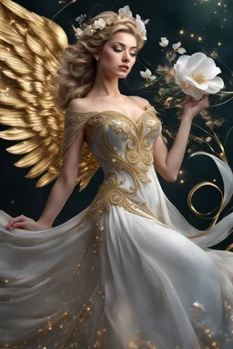 Photography realistic Beautiful Angel wearing a magical gown of swirly flowing marble water gold filigree curlicues, flowering flowers, bloom, sparkle, ornamental gilt, diamonds, rubies, emeralds, sapphires, beautiful, delicate, intricate, elegant, graceful, shiny, Hyperrealism, Rococo, expressive, spherical, zoom out, volumetric lighting