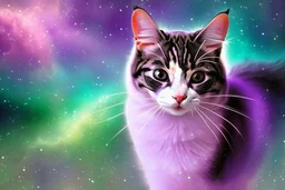 A hyper-realistic ,A purple cat walking in space, the space is colorful, a fairy tale look, the cat is smiling, Photo Real, HOF, full size, practicality,manufacturability,performance, (((realism, realistic, realphoto, photography, portrait, realistic, elegant, charming, apocalyptic environment, professional photographer, captured with professional DSLR camera, trending on Artstation, 64k, ultra de