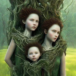 3d render, Painting .three women. A mother. Two daughter. Twins. A mother with her children the faces of three young red freckled women. wood nymphs emerging from the forest. Her hair looks like vines. Dreadlocs. Her skin is the colour of dark soil. Her skin looks like tree bark. Her clothing is made of vines, grass and leaves.