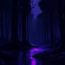 midnight sadness, really dark and dense rainy forest, dark purple hue