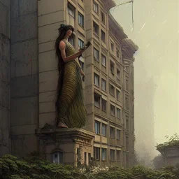Depiction on the building and statues, highly detailed depiction, overgrown, building, old, 3d, concept art portrait by Greg Rutkowski