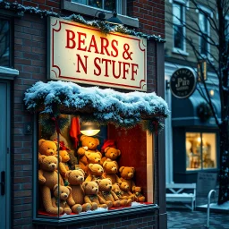 Neighborhood Storefronts, Shop display window in the neighborhood. Festive Christmas showcase. Teddy Bear shop with sign reading "BEARS N STUFF", Quaint, light snow, lights, twilight, Teddy bears of various sizes in window, Nostalgic. HD, Ultra-real