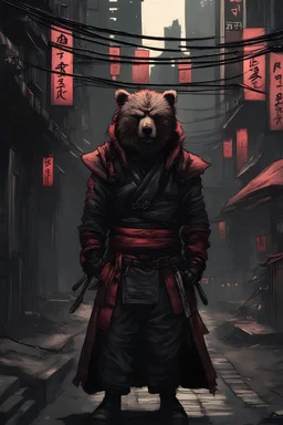cyberpunk city alley samurai with bear mask