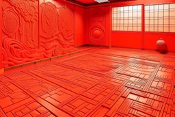 An orangish red basketball field designed in Chinese paper art