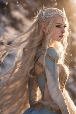 Elven princess,elven crown,long white blonde golden hair,rapunzel hair,ice flowers,beautiful,light blue,dark blue,golden armor,sparkle,glitter,ice flowers,snow,elven ears,dark fairy princess