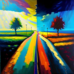 two roads diverged , art, oil colors, bright