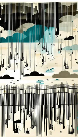 A white cloudy sky with icy music notes designed in Navajo woven art painted by Lyonel Charles Feininger