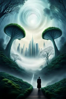 abstract landscape, skyscrapers and spiralling trees to space, mist, lonely figure looking up, pale surreal lighting, utopistic scenery, dark fantasy theme, surreal style, detailed, high quality, frog eye view