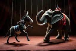 an evil puppetmaster forcing the democratic donkey to fight the republican elephant