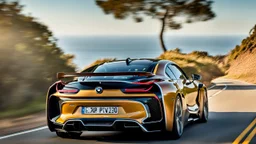 A sleek with livery (((BMW Chiron))), its contours and details perfectly captured in a (((cinematic view))), zipping along a winding road under a beautiful blue fresh morning sky