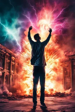 Young man standing, with arms raised, in front of a building that is exploding at night, with coloured auras and lightning around him