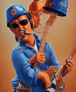 Elvis playing guitar in a hardhat and overalls