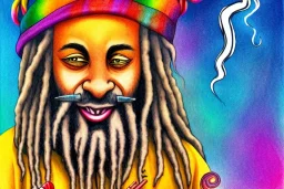 God with long rastafari white hair, smoking a big joint, reddish eyes and smiling; detailed, epic lighting, deep colors, children's book illustration, ink drawing