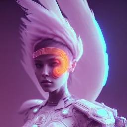 A beautiful portrait of a cute cyberpunk woman orange color scheme, high key lighting, volumetric light high details with white stripes and feathers full length clean art NFT, soft lighting, soft pastel gradients, high definition, blender 3d cinematic, op art, visionary art, sacred geometry, fractal, white balanced