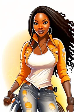 Create a digital airbrush cartoon of a curvy African American female wearing tight white jeans and a off the shoulder orange blouse. She is also wearing timberland boots. Prominent make up with hazel eyes. Highly detailed very long extremely dread locs black hair. Her skin is smooth and silky. Background of a track of ATV riders.