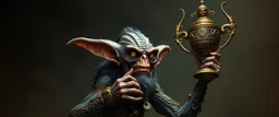 gremlin dark elf mind flayer eye tyrant beholder guy holding up the most retarded trophy, painted by Rembrandt