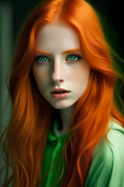 فتاة جميلة بيضاء البشرة بشعر برتقالي محمر طويل وعيون عسلية مخضرة